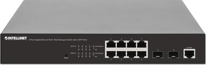 Actual product image Intellinet 8Port Gigabit Ethernet WebManaged PoE Switch SFPPorts Endspan Desktop 19 Rackmount (8 Ports)