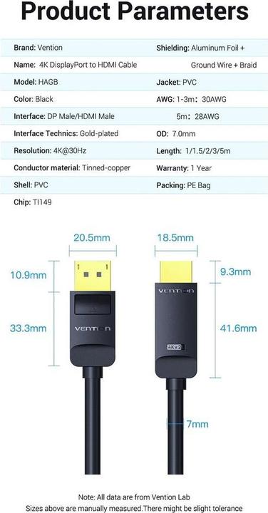 Image du produit Vention Câble DisplayPort 4K vers HDMI 2.0 noir - 2m (2 m)