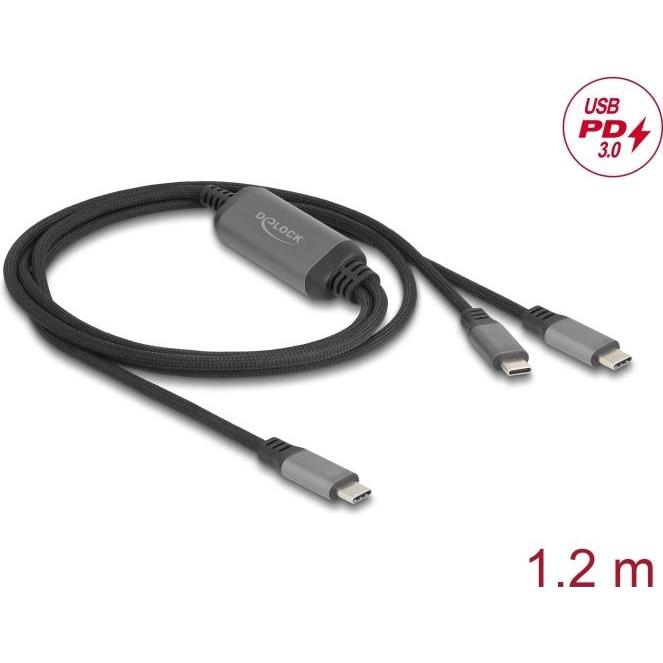 Thumbnail - Delock 81271 - USB-C Y-Kabel 1 x Stecker zu 2 x Stecker PD 3.0 100 W, 1,2m (1.20 m, USB 3.0), USB Kabel