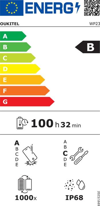 Label énergétique Oukitel WP23 (64 Go, Orange Vibrant, 6.52", Double SIM hybride, 4G)