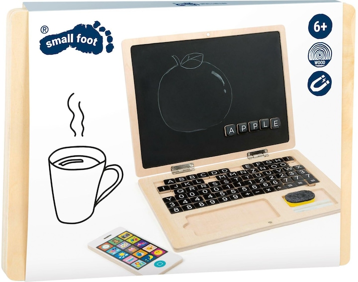 Actual product image small foot Wooden laptop with magnetic board (German)