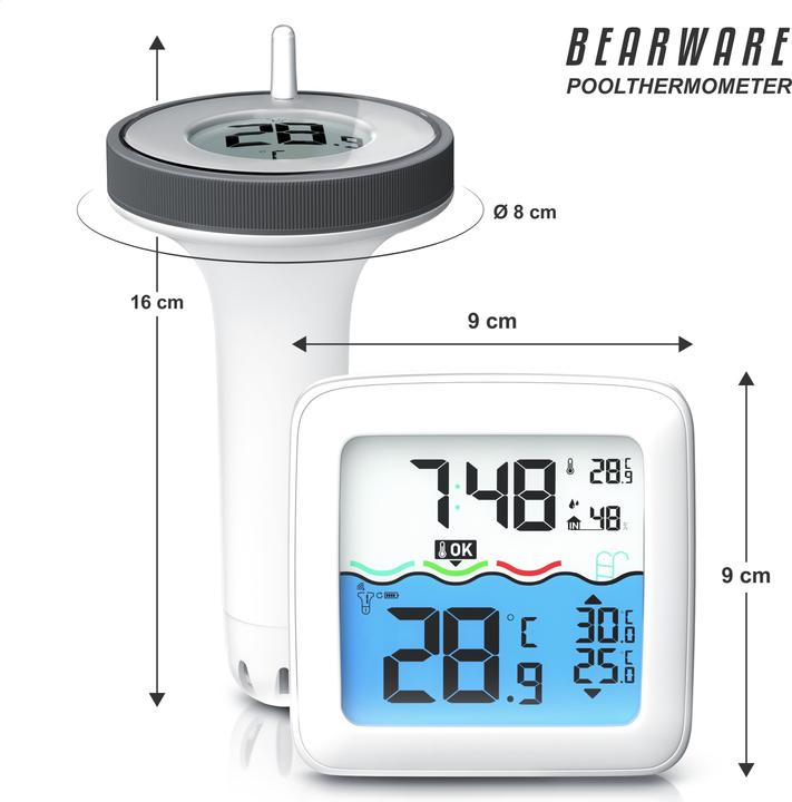 Image du produit Bearware Poolthermometer mit Schwimmer, Schwimmthermometer, Funkuhr, Raum- und Luftfeuchte, IP67 Wecker