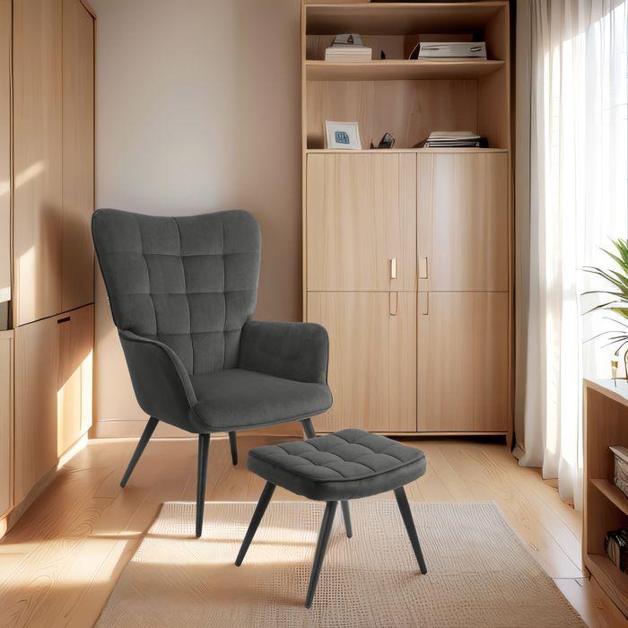Actual product image Swisshandel24 Wing armchair with stool, lounge chair, recliner, upholstered armchair with velvet look up to 120