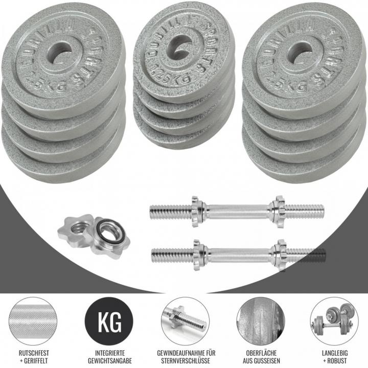 Produktbild Gorilla Sports Langhantelset (2 x 5 kg, 6 x 2.5 kg, 2 x 15 kg, 6 x 1.25 kg, 2 x 10 kg)