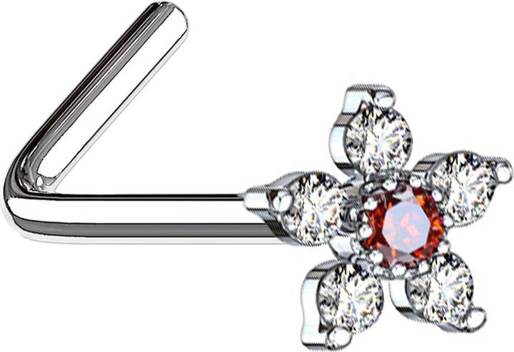 Produktbild Star Piercing Nasenstecker gewinkelt silber Blume mit Kristall rot und silber (Messing, Chirurgenstahl 316L)