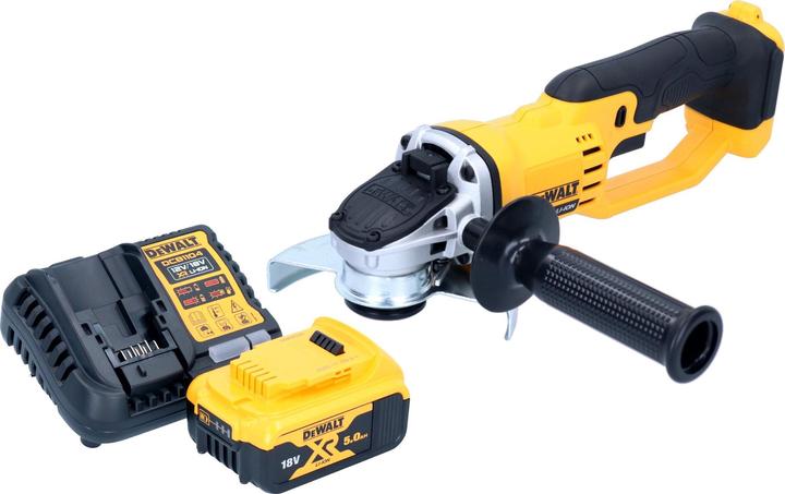 1x DeWalt DCG 412 cordless angle grinder, 1x side handle, 1x protective cover, 1x face spanner, 1x DeWalt DCB 184 18 V 5.0 Ah battery, 1x DeWalt DCB 1104 quick charger