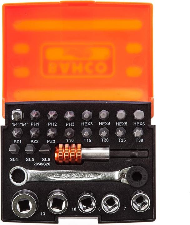 Actual product image Bahco Bit socket spanner set with 1/4" bit ratchet and adapter for slotted/Phillips/Pozidriv/TORX/Sechsk