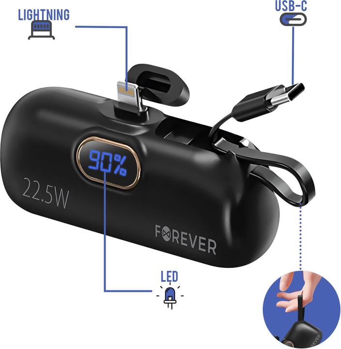 Actual product image Forever mini power bank MTB-100 22.5W 5000 mAh Lightning black (5000 mAh, 22.50 W, 18.50 Wh)