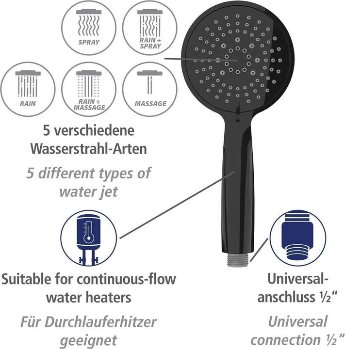 Immagine prodotto Wenko Set doccia Young Line nero (5 Tipi di raggi, 10 l/min)