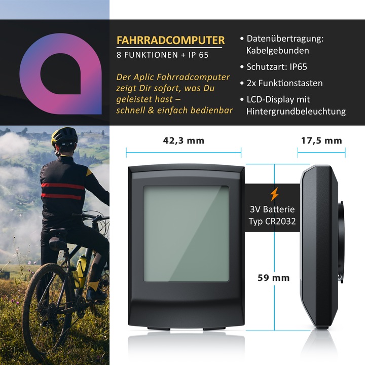 Immagine prodotto Aplic Velocomputer, computer per bici - tachimetro per bici computer tachimetro - illuminazione di sfondo