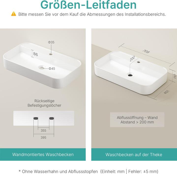 Actual product image Emke Countertop Washbasin, Ceramic, Wall-mounted/Countertop, Glossy White, with Tap Hole, 700x400x110mm (400 mm, 700 mm)