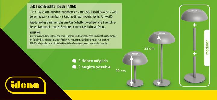 Actual product image Idena LED Tischleuchte Touch Tango Metall grau 15x33cm Akku USB dimmbar 3 Modi Innen