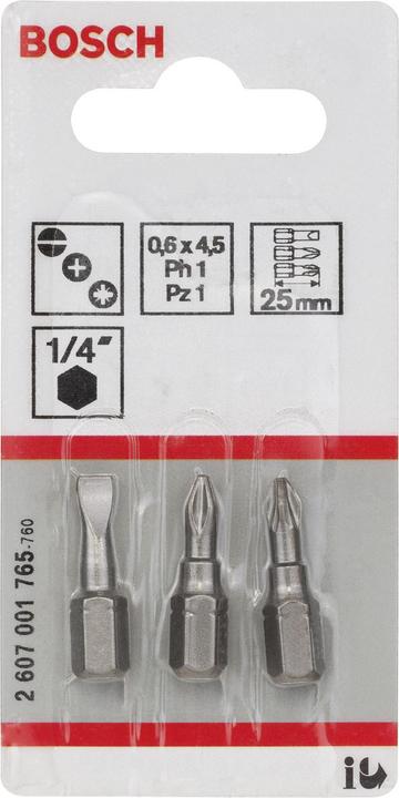 Produktbild Bosch Professional Zubehör Schrauberbit-Set Extra-Hart (gemischt), 3-teilig, S 0,6x4,5, PH1, PZ1, 25 mm (Kreuz Phillips PH)