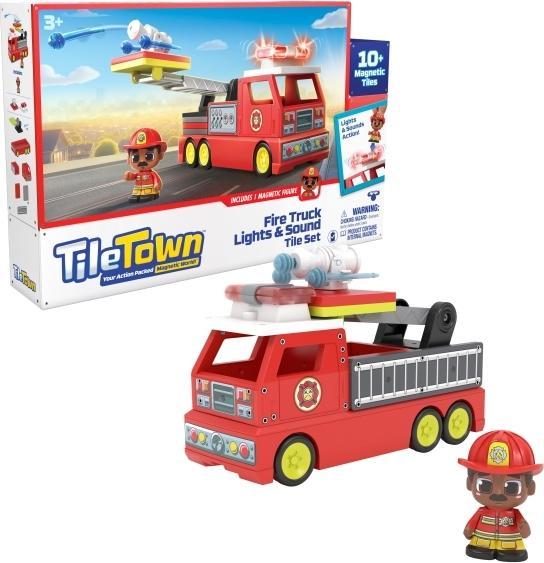 Productafbeelding TileTown Tile Town - Brandweerwagen, magnetische bouw- en speelset met licht en geluid (90314)
