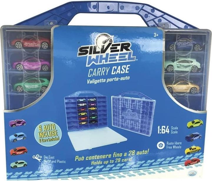 Actual product image ODS Silver Wheel - Cars Case measures 33*30*4 cm with 6 die cast cars and can hold up to 28 sc cars. 1:6