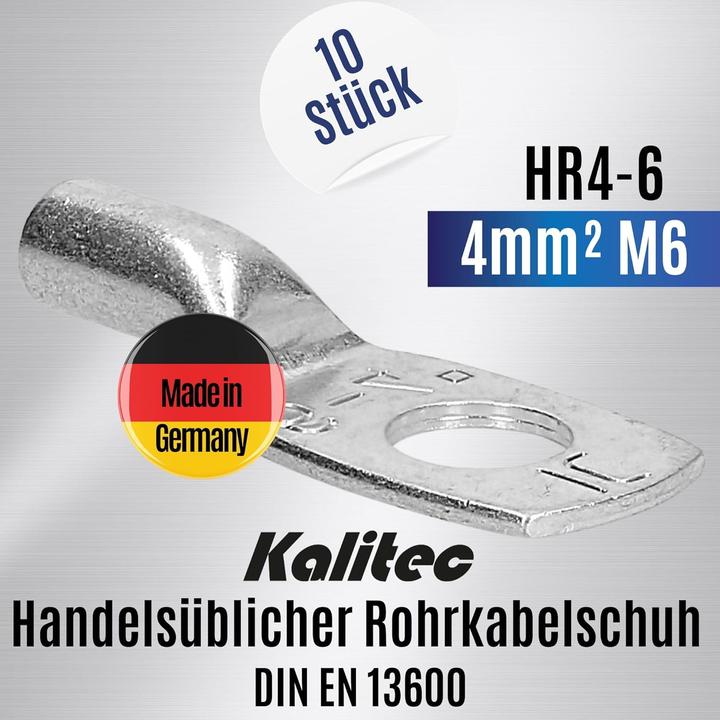 Produktbild Kalitec 10 Stück HR4-6 Handelsübliche Rohrkabelschuhe 4mm² M6 I ohne Sichtloch I Made in Germany