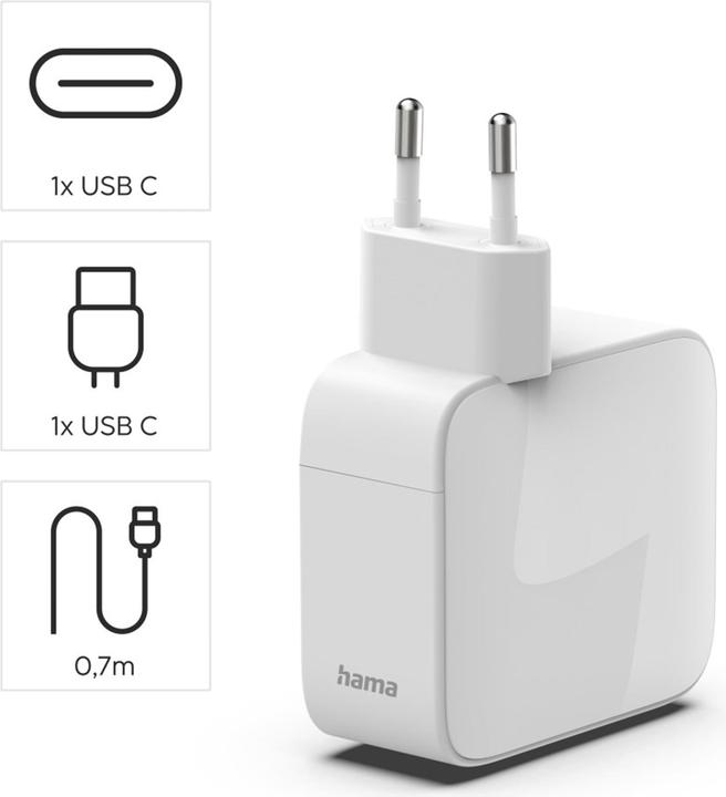Produktbild Hama Schnellladegerät, GaN, 2x USB-C, ausziehbares Ladekabel, PD, 65 W, Weiss (65 W, 2 Ports)