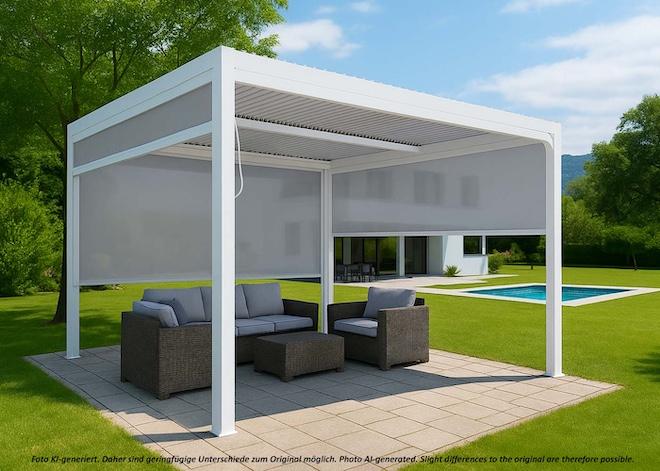 Produktbild Mendler Alu Pergola HWC-L41 mit 3x Seitenwand, Lamellen-Pavillon, stabiles 8cm-Metall-Gestell 3x3,7m – weiss (306 cm, 368 cm)
