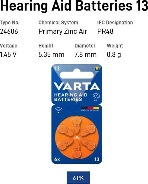 Produktbild Varta Hörgerätebatterien Typ 13 1.45V (6-Pack) (6 Stk., 13, 310 mAh)
