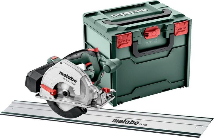 Führungsschiene FS 160, MetaLoc Koffer, Sechskantschlüssel, Parallelanschlag, Metabo Akku Metall Handkreissäge Set MKS 18 LTX 58, Hartmetall-Kreissägeblatt für Metall (40 Zähne), Führungsschienenadapter