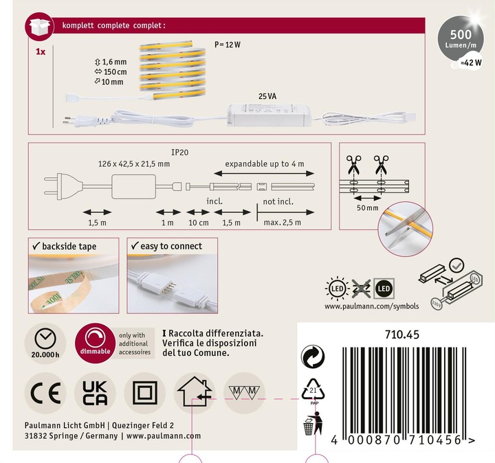 Immagine prodotto Paulmann Set di strisce COB MaxLED 500 a linea intera (Bianco caldo, 150 cm, Interno)