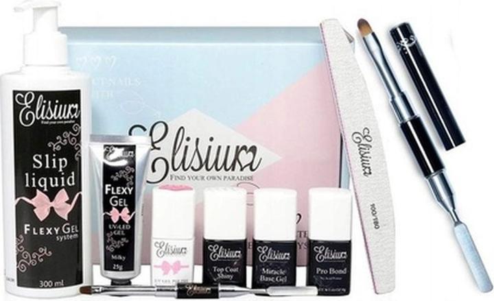 Image du produit Elisium SET Zestaw Maxi FlexyGel Pro Bond + Miracle Base Gel + Top Coat Shiny + FlexyGel Milky (Gel coiffant)
