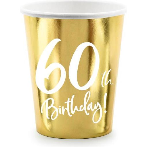 Partydeco, Einweggeschirr, Paper cups 60th Birthday, gold, 220ml (1 pkt / 6 pc.) (6 x)