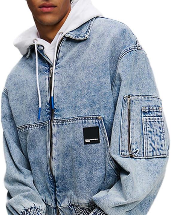 Actual product image Karl Lagerfeld Denim Bomber Jacket with Kangaroo Pocket and Snap-Flap Pockets (XL)