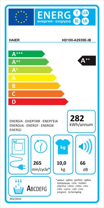 Etichetta energetica Haier HD100-A2939E-IB (10 kg, A destra)