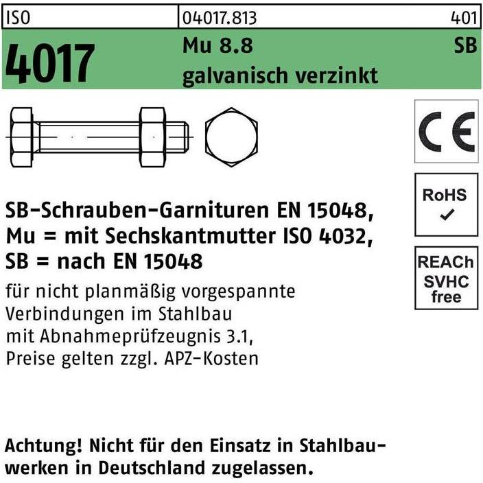 Bufab, Schrauben, Sechskantschraube ISO 4017 VG M 20 x 40 8.8 galvanisch verzinkt SB (25 Schrauben pro Stück)