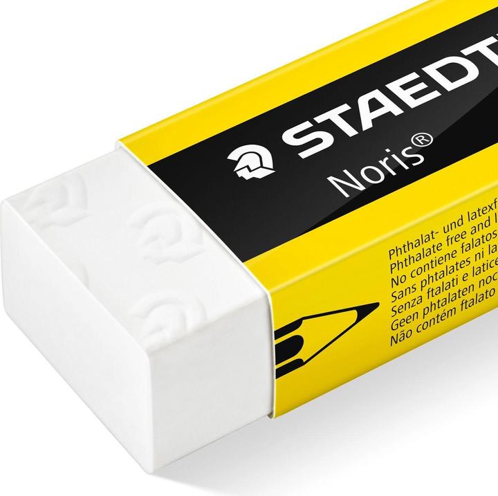 Produktbild Staedtler Kunststoff-Radierer Noris, weiss, 20er Display mit Schiebe-Manschette in gelb/schwarz, einzeln in