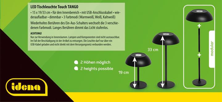 Actual product image Idena LED Tischleuchte Touch Tango Metall schwarz 15x33cm Akku USB dimmbar 3 Modi Innen