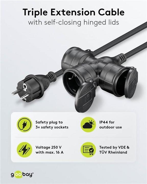 Image du produit Goobay Câble d'extension triple Outdoor, 10 m, noir (10 m, CEE 7/3)