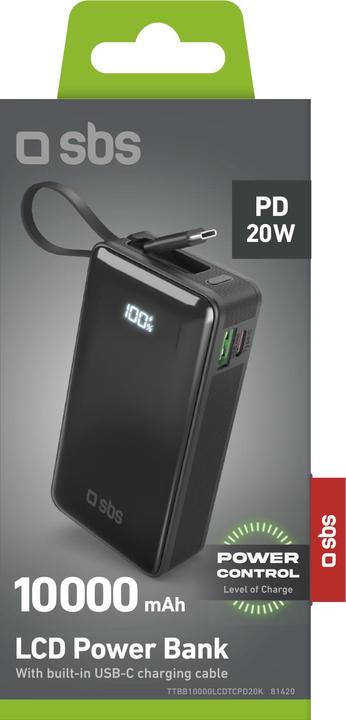 Immagine prodotto SBS Banca di energia da 10.000 mAh con cavo USB-C integrato (10000 mAh, 20 W, 37 Wh)