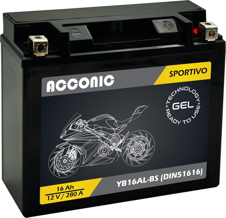 Actual product image Acconic Sportivo GEL YB16AL-BS Motorradbatterie 16 Ah 12V DIN 51616 (12 V, 16 Ah)