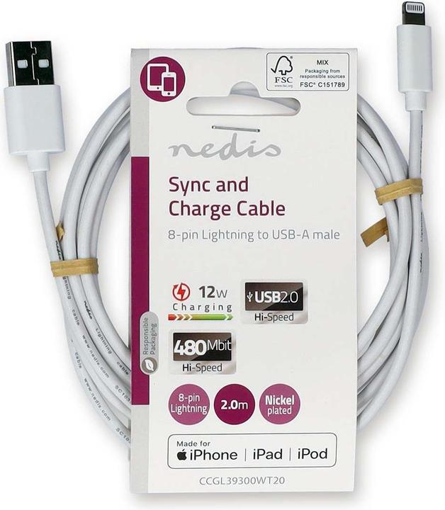 Immagine prodotto Nedis Cavo Lightning | USB 2.0 | Apple Lightning 8-Pin | Connettore USB-A | 480 Mbps | Nichelato | 2. (2 m, USB 2.0, 12 W)
