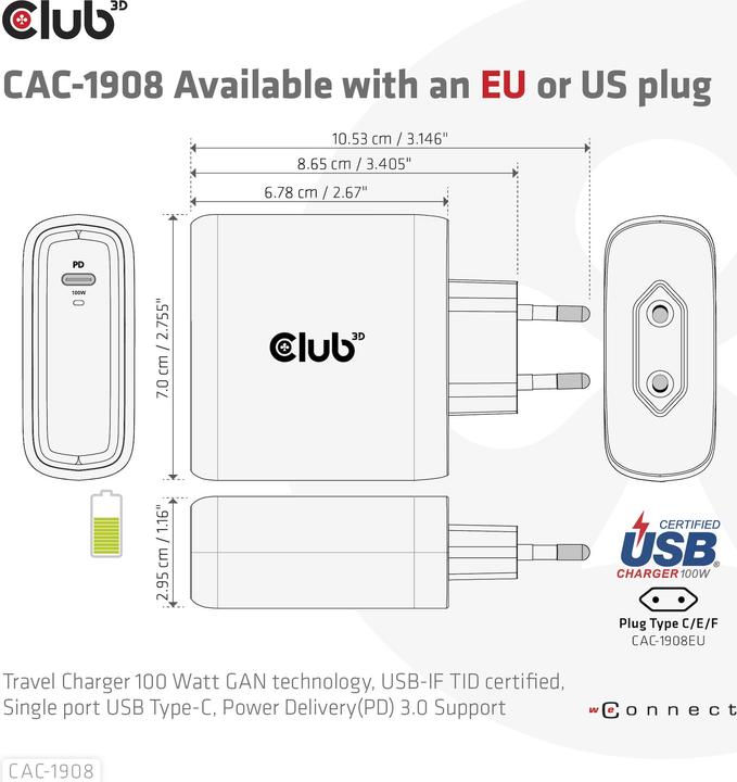 Produktbild Club 3D Club3D Reiseladegerät 1xUSB Typ C, PD 100W retail (100 W, 1 Port)