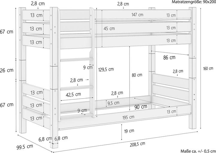 Nährwerte und Zutaten Erst-Holz Etagenbett für Erwachsene Kiefer 90x200 Hochbett teilbar Rollrost Bettkästen 60.16-09 T80S2 (90 x 200 cm)