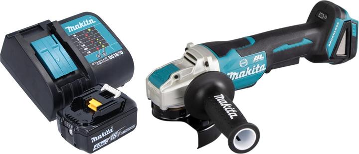 1x smerigliatrice angolare a batteria Makita DGA 520, 1x impugnatura laterale 36 cpl. (158237-4), 1x coperchio di protezione 125 mm (347618-9), 1x batteria ricaricabile Makita BL 1840 B 18 V 4.0 Ah, 1x caricabatterie Makita DC 18 SD