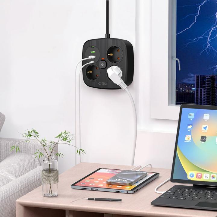 Actual product image Tech-Protect PCS3X4 Steckdosenleiste, 3 Steckdosen, 2xUSB-A, 2xUSB-C 200 cm - schwarz (3x, USB-A, USB-C, 2 m)