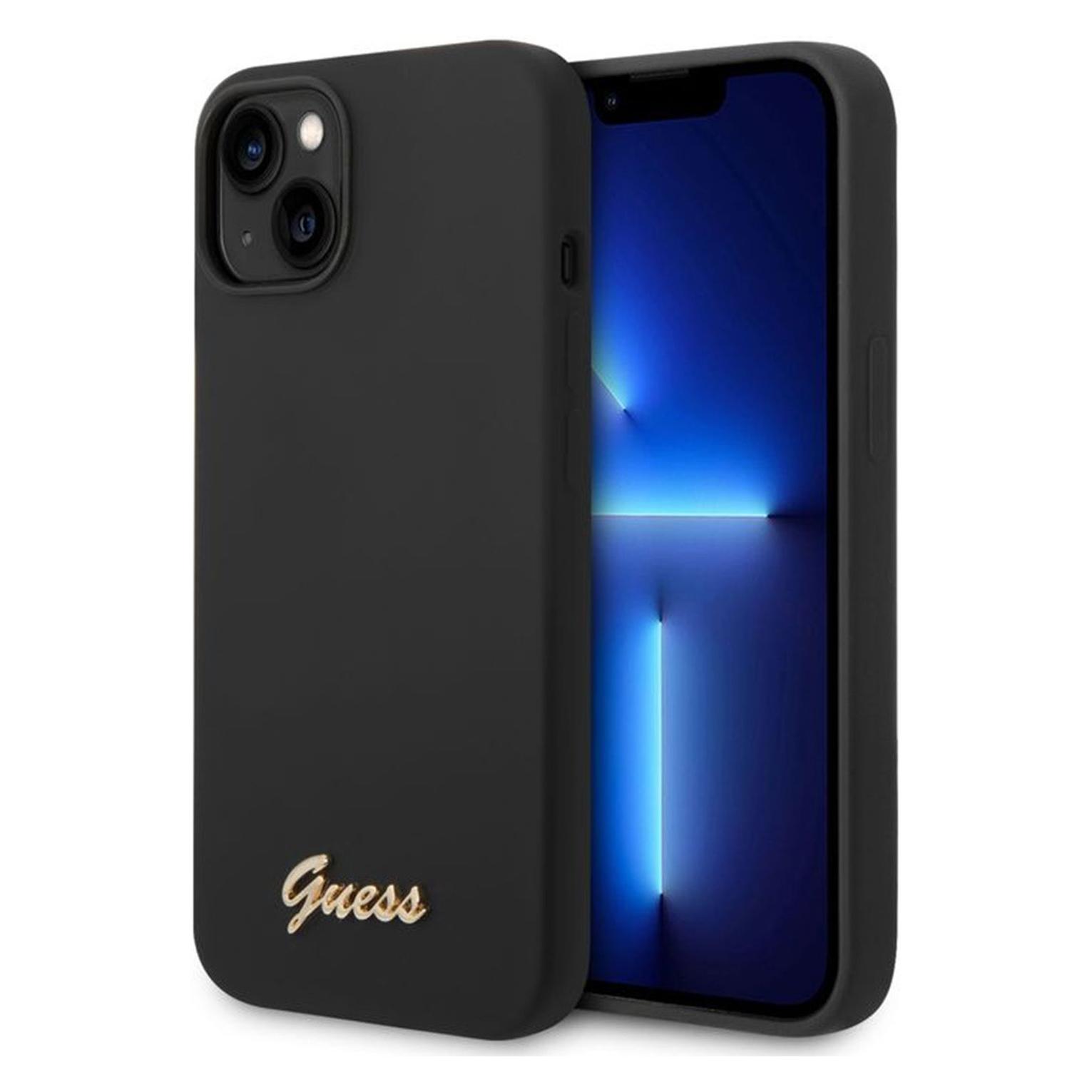 Guess GUHCP14MSLSMK IPhone 14 Plus 6, 7" Czarny/black Hard Case Silicone Vintage Gold Logo (Apple IPhone 14 Plus), Smartphone Hülle, Schwarz
