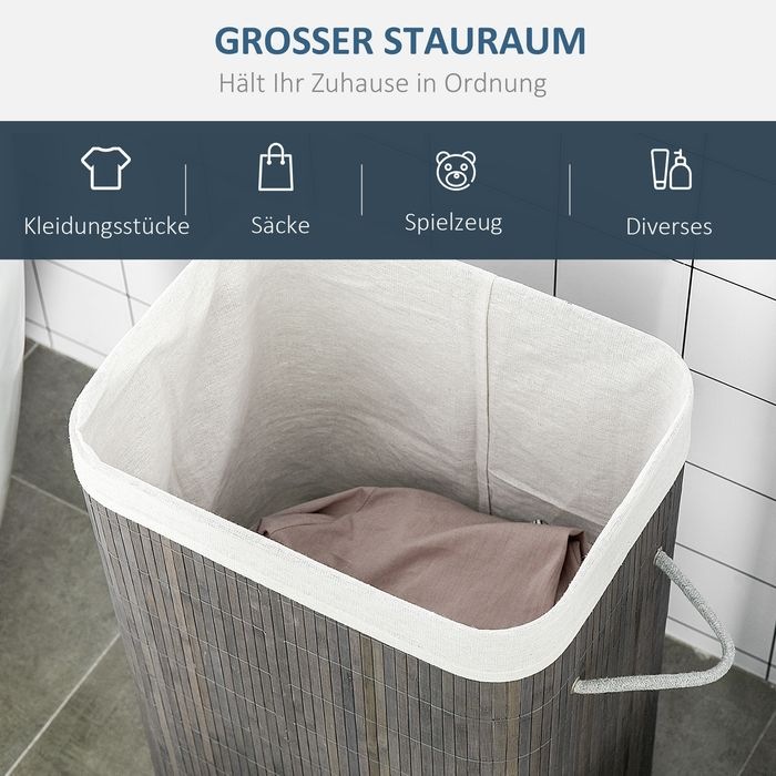 Produktbild Swisshandel24 Bambus Wäschekorb schmal mit Deckel 83L Wäschesammler mit Griffen Grau (83 l)