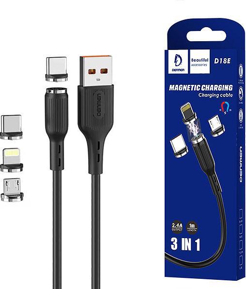Denmen 3IN1 USB CABLE BLACK D18 MAGNETIC MICRO TYPE-C IPHONE 2.4A 1M (1 m)