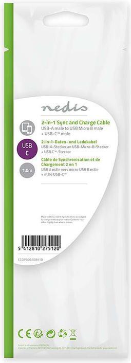 Produktbild Nedis 2-in-1-Sync- & Ladekabel USB A-Stecker (1 m, USB 2.0)