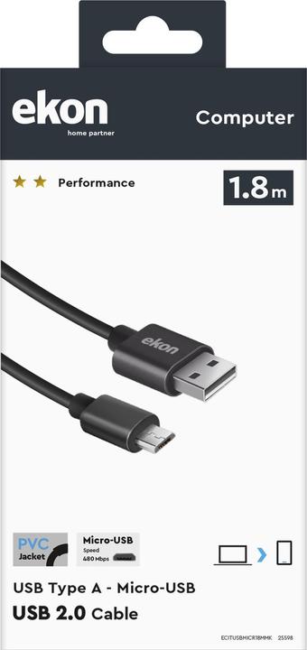 Image du produit Ekon Câble avec USB mâle de type A et micro-USB mâle (1.80 m, USB 2.0)