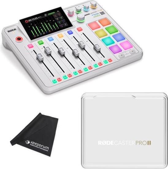 Produktbild RØDE Rodecaster Pro II Weiss mit RodeCover 2 und Tuch