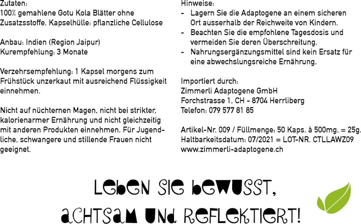 Nährwerte und Zutaten Zimmerli Adaptogene Gotu Kola Kapseln 150 Kapseln (Kapseln)