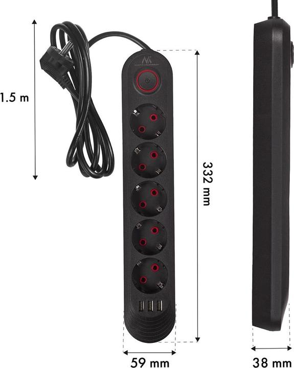 Actual product image Maclean Multiple socket outlet, extension cable with 5 sockets + 3 USB ports, 110-240 V (5x, USB-A, 1.50 m)