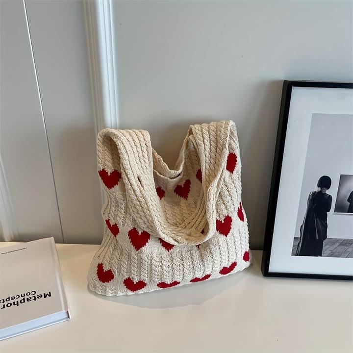 Actual product image Only-Bags.Store Minimalist hobo bag with love pattern, knitted shopping bag, lightweight holiday bag