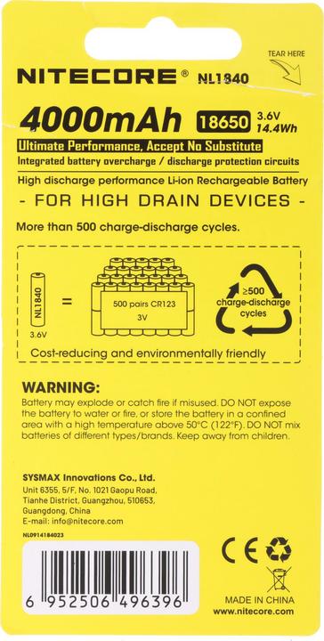 Produktbild Nitecore 18650 Li-Ion Akku, NL1840, 4000mAh, mit Schutzschaltung